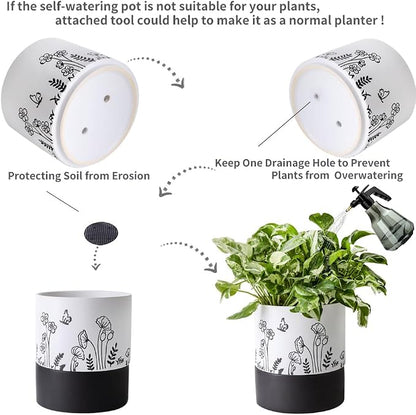 Nihow Self Watering Pots for Indoor Plants,6 Inch,White,Hand Painting | Ceramic Planter, Drainage Hole & Water Storage Plus, Cylinder Round Flower Pot, For Succulent/Herbs/Violets
