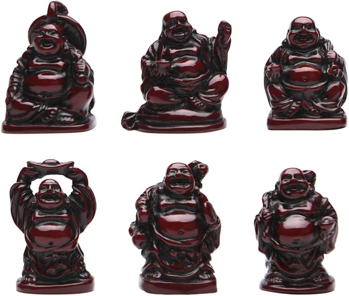 6Pcs 1'' Red Resin Laughing Buddha Figurines, Tabletop Lucky Decor | Mini Maitreya Buddha Statue, Flower Pot Statue, Home Office Desk Decor, Fengshui Collection Gift Ornaments