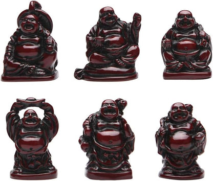 6Pcs 1'' Red Resin Laughing Buddha Figurines, Tabletop Lucky Decor | Mini Maitreya Buddha Statue, Flower Pot Statue, Home Office Desk Decor, Fengshui Collection Gift Ornaments