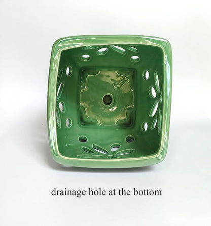 Orchid Pots with Holes Square Ceramic Orchid Planter Pots 5.5 inch (Green)