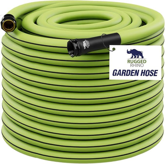 RUGGED RHINO Heavy Duty Garden Hose 25ft x 5/8in, Anti-Kink and Leakproof, Durable 4-Layer Construction, 500 PSI Burst, All Weather Outdoor Watering for Lawn, Garden, Flowers, Green and Black