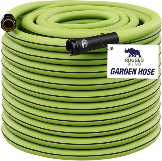 RUGGED RHINO Heavy Duty Garden Hose 75ft x 5/8in, Anti-Kink and Leakproof, Durable 4-Layer Construction, 500 PSI Burst, All Weather Outdoor Watering for Lawn, Garden, Flowers, Green and Black