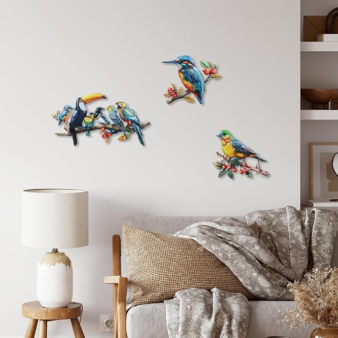 3 Pcs Metal Birds Wall Art Garden Decor, 3D Colorful Birds Outdoor Wall Art Yard Patio Fence Decoration, Hummingbird Parrot Toucan Wall Hanging Sculpture Outside Gift for Women Mom