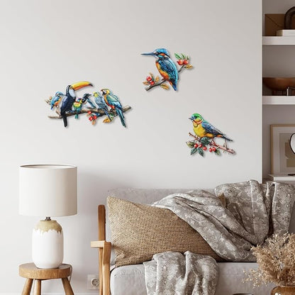 3 Pcs Metal Birds Wall Art Garden Decor, 3D Colorful Birds Outdoor Wall Art Yard Patio Fence Decoration, Hummingbird Parrot Toucan Wall Hanging Sculpture Outside Gift for Women Mom