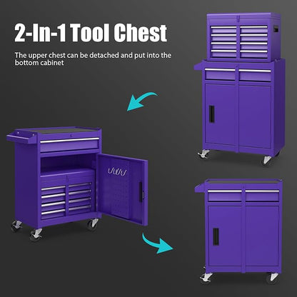 Goplus Purple Tool Chest, 5 Drawers Rolling Tool Cabinet w/Detachable Top Toolbox, Universal Lockable Wheels,Lock Bar,Protective Liner,Tool Rack, Metal Tool Storage Cart, Tool Box for Garage Workshop