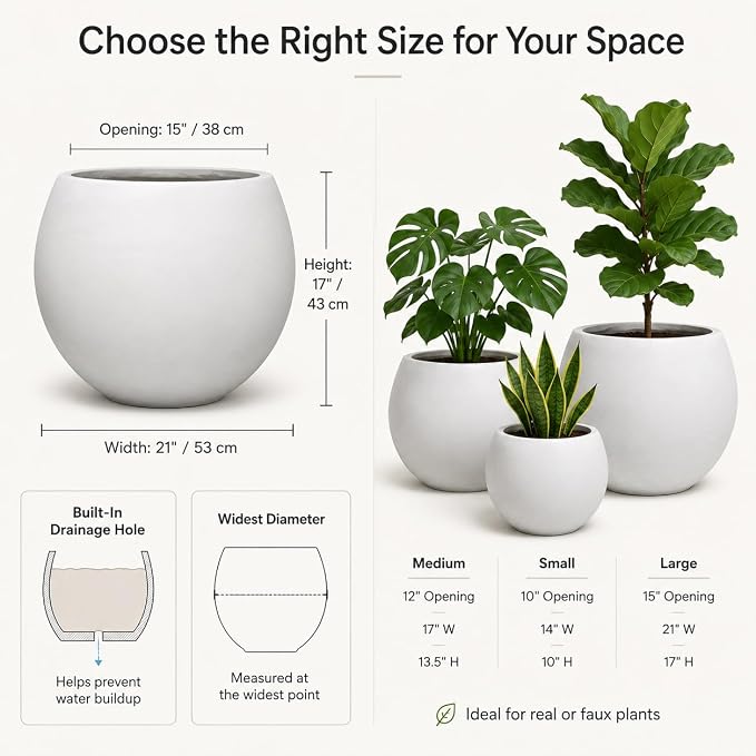 17" H x 21" Dia White Fiberstone Planter Pot with Drainage Hole, Extra Large Decorative Flower Pot for Indoor Outdoor Trees, Plants & Shrubs, Round Planter for Patio, Porch, Garden & Home Décor