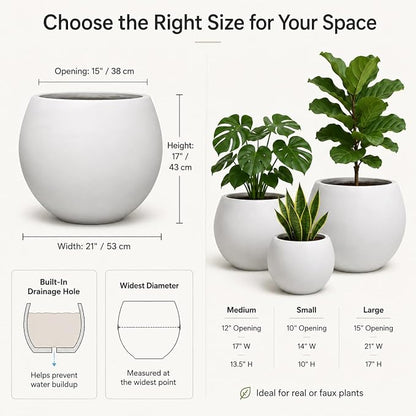 17" H x 21" Dia White Fiberstone Planter Pot with Drainage Hole, Extra Large Decorative Flower Pot for Indoor Outdoor Trees, Plants & Shrubs, Round Planter for Patio, Porch, Garden & Home Décor