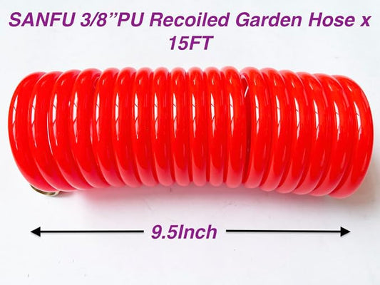 SANFU PU Recoil Garden Water Hose 3/8"ID(9.5 x 12.7mm) x 15ft Premium with 3/4"Inch Brass Fittings Retractable, Outdoor Patio Hose Marine&Boat, Red(15')