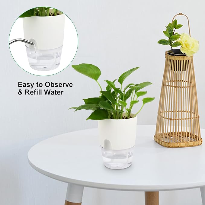 ShineMe Self Watering Pots, 5 Pack Self Watering Planters for Indoor Plants, 4.1 inch Plastic Plant and Flower Pots for African Violets, Herbs, Aloe, Peace Lily with Absorbent Cotton Rope
