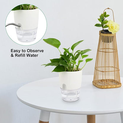 ShineMe Self Watering Pots, 5 Pack Self Watering Planters for Indoor Plants, 4.1 inch Plastic Plant and Flower Pots for African Violets, Herbs, Aloe, Peace Lily with Absorbent Cotton Rope