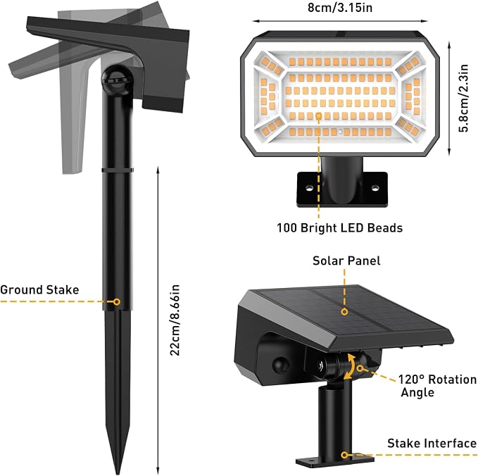 Solar Spot Lights Outdoor, 4 Pack Solar Landscape Lights with 100 LEDs Each, 4 Lighting Modes, IP65 Waterproof, 2-in-1 Adjustable Solar Spotlights for Yard Garden Pathway Driveway(Warm White)