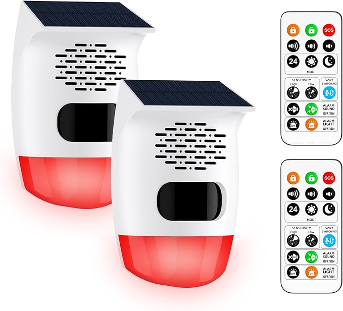 PILSAMAS 2-Pack Solar Motion Sensor Alarm - Custom Voice Upload, Deer & Raccoon Deterrent, Motion Activated Voice Player & Strobe Light, IP65 for Chicken Coop, Pool Gate, Garage, Farm Protection