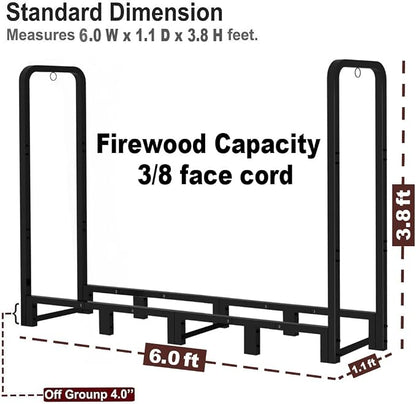 Firewood Rack Stand 6ft Heavy Duty Logs Carrier Holder for Outdoor Indoor Fireplace, Matte Black