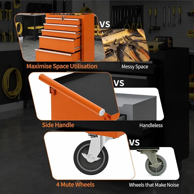 IDEALHOUSE Rolling Tool Chest, 5 Drawers Tool Storage Cabinet, Toolbox with Wheels, Portable Tool Cabinet Organizer with Locking System & Drawer Liners, Tool Storage Cart for Garage, Workshop, Orange