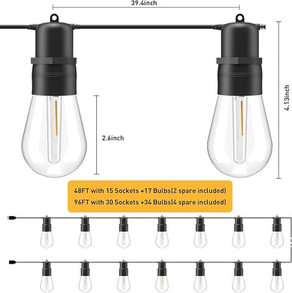 LED Outdoor String Lights, 96FT Patio String Lights with S14 30+4(Spare) Plastic Shatterproof Bulbs, ETL Listed IP65 Waterproof Heavy-Duty for Backyard Lights,Bistro Lights,Cafe Lights