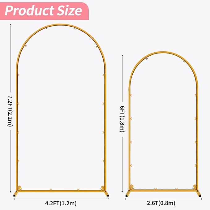 Wedding Arch Backdrop Stand, Gold Metal, Set of 2, 7.2FT and 6FT, for Birthday Party, Baby Shower, Graduation, Photo Booth, Balloon Floral Decoration