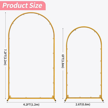 Wedding Arch Backdrop Stand, Gold Metal, Set of 2, 7.2FT and 6FT, for Birthday Party, Baby Shower, Graduation, Photo Booth, Balloon Floral Decoration