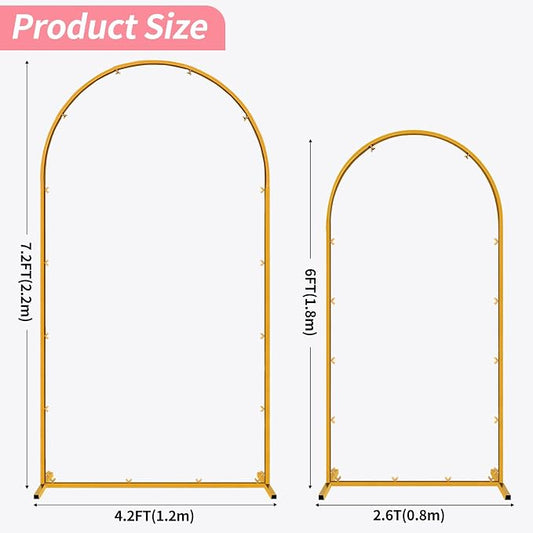 Wedding Arch Backdrop Stand, Gold Metal, Set of 2, 7.2FT and 6FT, for Birthday Party, Baby Shower, Graduation, Photo Booth, Balloon Floral Decoration