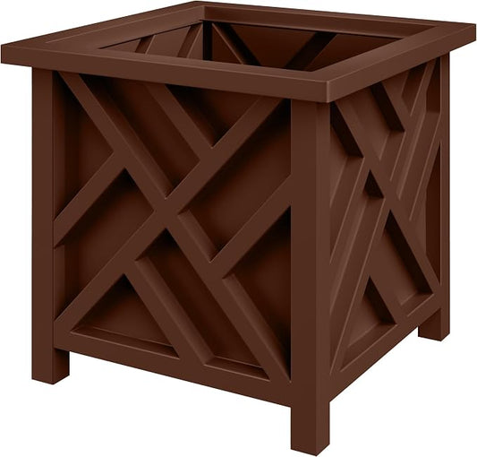 Lattice Design Planter Box - 15.5-Inch-Square Decorative Outdoor Flower or Plant Pot - Front Porch, Patio, and Garden Decor by Pure Garden (Brown)