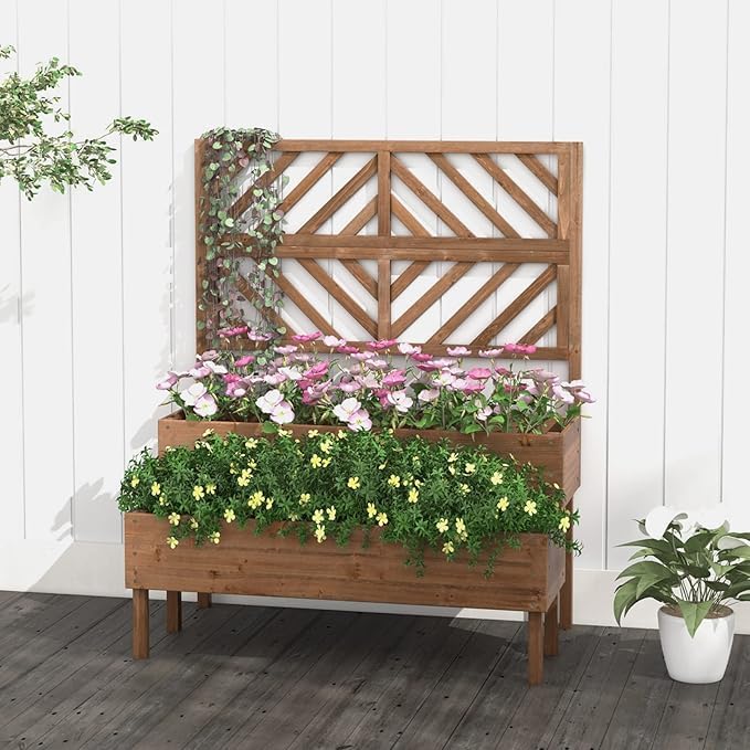 Nightcore Outdoor Elevated Garden Bed with Trellis，Raised Garden Bed with Legs & Drain Holes，2-Tier Wooden Planter Box for Vegetable Fruit Herb