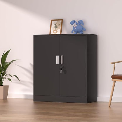 iJINGUR Metal Storage Cabinet with Locking Doors and 2 Adjustable Shelves, Small Lockable Storage Cabinet for Home Office Garage (Black)