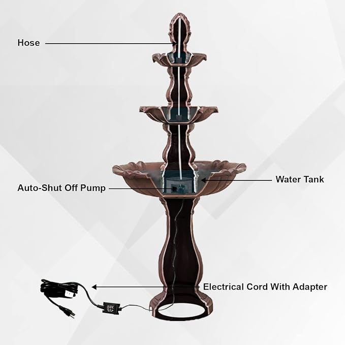 XBrand 3-Tier Water Fountain w/Pump & Pineapple Top, 51 Inch Tall, Brown, Large Outdoor Freestanding Waterfall Decor for Porch, Lawn and Garden