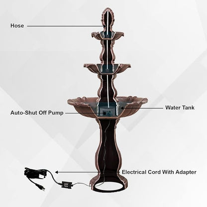 XBrand 3-Tier Water Fountain w/Pump & Pineapple Top, 51 Inch Tall, Brown, Large Outdoor Freestanding Waterfall Decor for Porch, Lawn and Garden