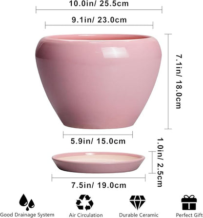 Ceramicfor 10 Inch Plant Pot - Ceramic Planter for Indoor Plants, Glaze Modern Round Planter with Drainage Hole and Saucer, Gifts for Plant Lovers, Office Patio Home Room Decor, Pink