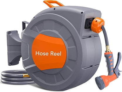 1/2 in x 72 ft Retractable Garden Hose Reel, Wall Mounted, 9-Function Nozzle, Any Length Lock, 180° Swivel, Auto Slow Rewind for Watering Lawn, Washing Car, Cleaning Patio
