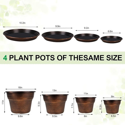 Plant Planters Pots Set of 4 Pack 13 Inch，Large Plastic Flower Pot For Indoor Plants With Drainage Holes & Trays, Resin Decorative Container Sets With Saucer For House Outdoor Garden Plant Copper