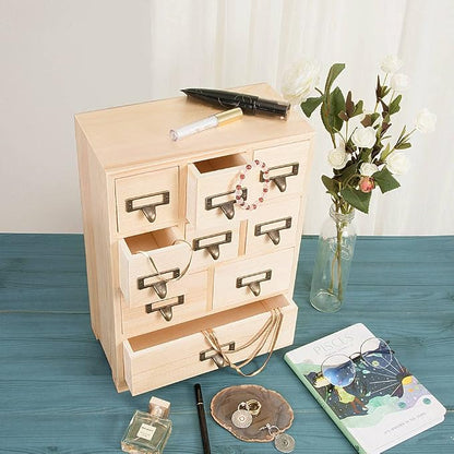 Apothecary Drawers Apothecary Cabinet with Drawers, Natural Wood | 9 Drawer Library Card Catalog, Wooden Storage Box, Wooden Desktop Organizer with Metal Handles-Fulled Assembled