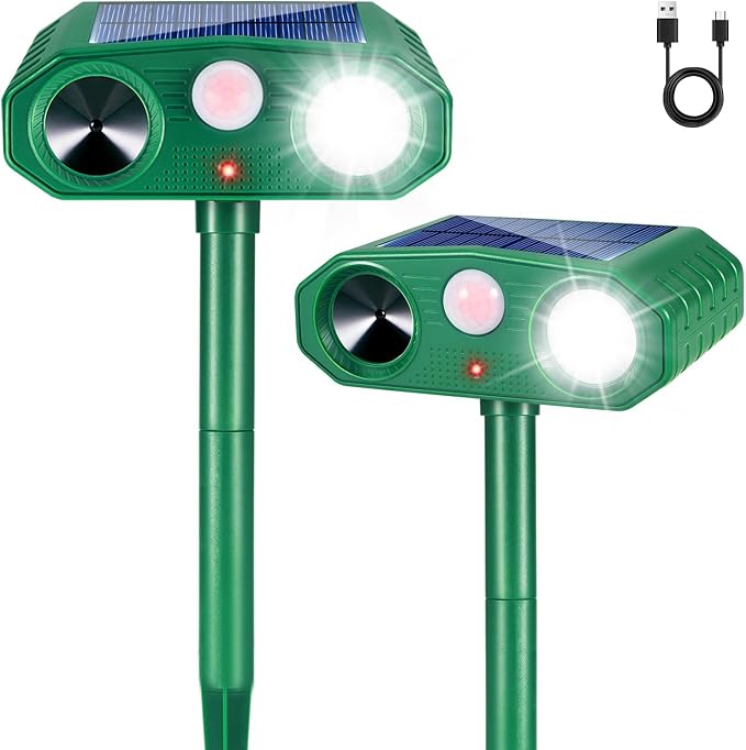 2 Pack Sonic Fortress Pro Deer Repellent Solar Animal Repellent Outdoor | Cat Repellent Outdoor with Strobe Light for Deer Rabbit Squirrel Raccoon Fox Coyote Deterrent 3modes frequency adjustment
