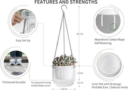 Josteve 6.5 Inch 2 Pcs Self Watering Hanging Planter Indoor Plant Pots Drainage Holes, Outdoor Hanging Planters Flower Pot Basket, Visible Water Level, Plant Hanger Home Decor, Gardening