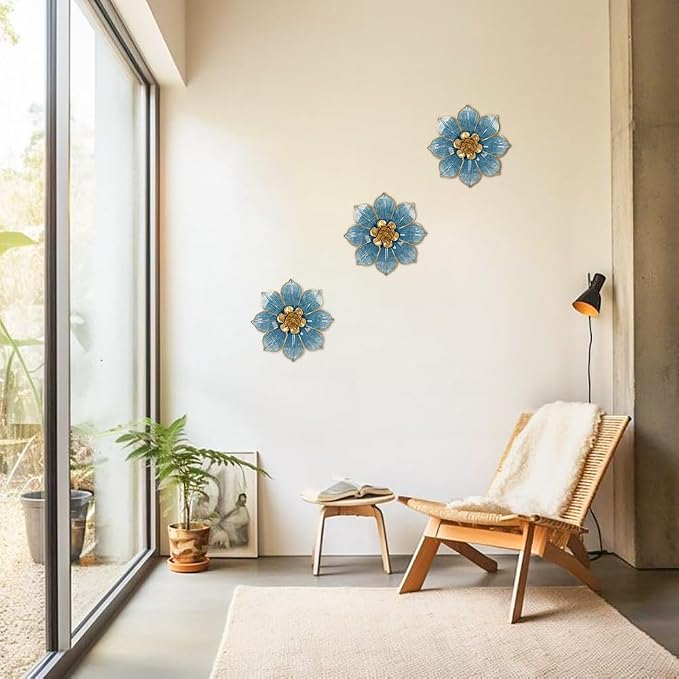 Metal Flowers Wall Decor Blue and Gold Wall Art Hanging Decorations 3 Pc Rustic Modern Floral Sculpture Wall Accent Artwork Indoor Outdoor for Bathroom Bedroom Living Room Garden Patio Porch 10 Inch