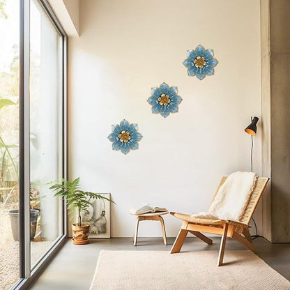 Metal Flowers Wall Decor Blue and Gold Wall Art Hanging Decorations 3 Pc Rustic Modern Floral Sculpture Wall Accent Artwork Indoor Outdoor for Bathroom Bedroom Living Room Garden Patio Porch 10 Inch