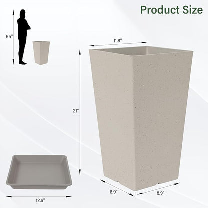 Neoaider Set of 2 Tall Planter, 21 inch Large Plastic Planter, Light Gray | Ceramic-Look, Lightweight, Built-in Drain Hole, Saucers, Tall Outdoor Planter for Porch, Garden, Patio, Balcony