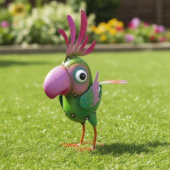 Metal Parrot Statue Outdoor Garden Decor,15" Bird Decor Yard Statue Decorations Outdoor,Funny Parrot Sculpture for Patio, Lawn, Backyard(Green and Pink)