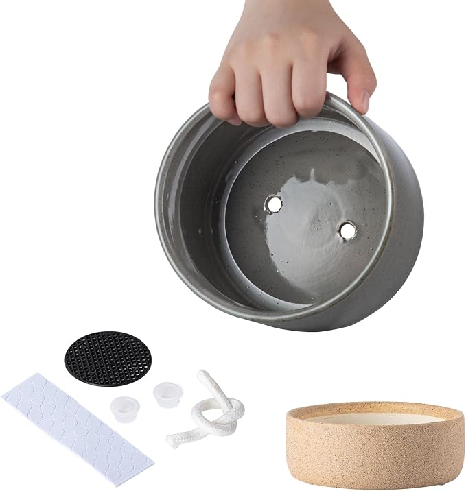 6 Inch Ceramic Self Watering Planter with Drainage Hole, Dark Grey | Indoor Plant Pot with Water Storage Plus - for African Violet, Herbs & Pothos - Home & Office Decor, Cylinder Round