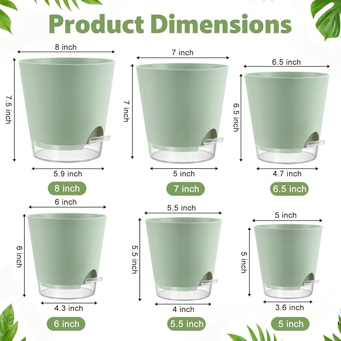 QRRICA 5/5.5/6/6.5/7/8 inch Self Watering Pot Set, Visible Water Level Planter with Transparent Reservoir & Drainage Holes, Plastic Flower Pots with Cotton Rope for Indoor/Outdoor Use (Green)