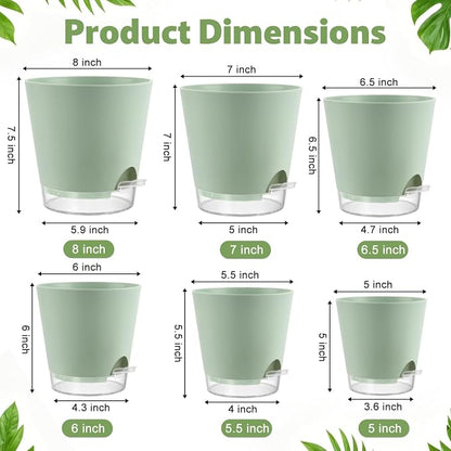 QRRICA 5/5.5/6/6.5/7/8 inch Self Watering Pot Set, Visible Water Level Planter with Transparent Reservoir & Drainage Holes, Plastic Flower Pots with Cotton Rope for Indoor/Outdoor Use (Green)