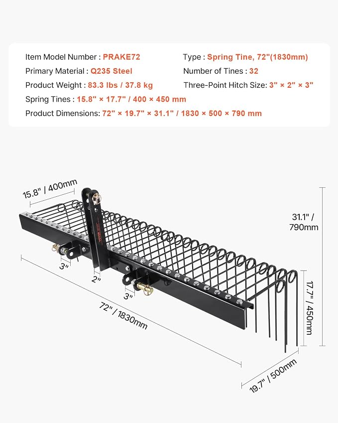 VEVOR Tow Behind Landscape Rake, 72" Lawn Dethatcher Rake with 32 Steel Tines, Attaches to Category 1, 3 Point Hitch for Tractor, Heavy Duty Tow Dethatcher for Leaves, Pine Needles, Straw, and Grass