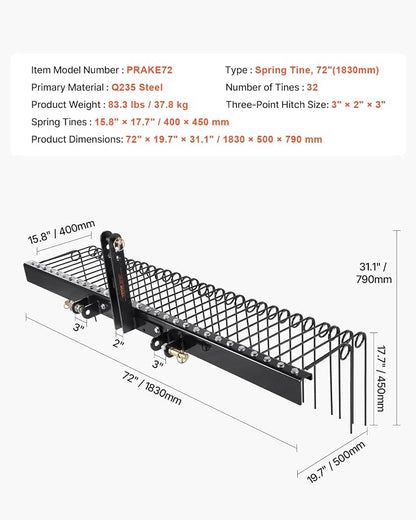 VEVOR Tow Behind Landscape Rake, 72" Lawn Dethatcher Rake with 32 Steel Tines, Attaches to Category 1, 3 Point Hitch for Tractor, Heavy Duty Tow Dethatcher for Leaves, Pine Needles, Straw, and Grass