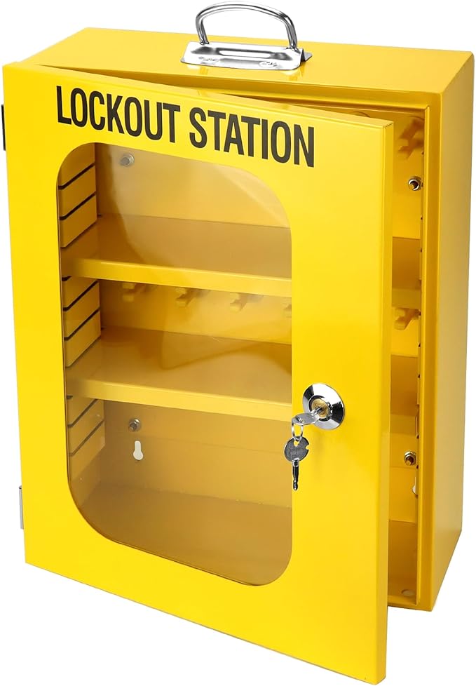 QWORK Lockout Tagout Cabinet, Heavy Duty Station Cabinet with Clear Door & Lock,Wall Mounted Box Cabinet, Steel Construction, Large Capacity Storage for Machine Service, Yellow