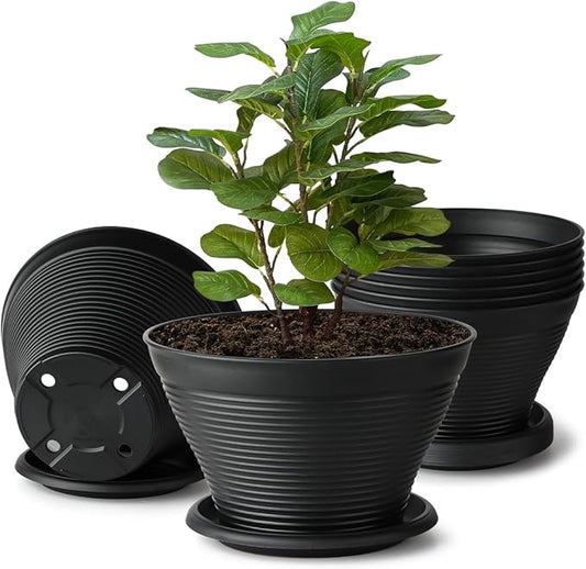 RooTrimmer 8 Inch Plastic Plant Pots with Saucers 8 Pack, Flower Pots with Drainage Holes, Sturdy Planter Pots for Indoor Outdoor, Modern Decorative Gardening Pots for Planting House Plants, Black