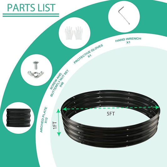 12 Inch Tall 60 Inch Diameter Round Black Raised Garden Bed Kits Outdoor | 1 FT Tall,5 FT Planter Bed for Flowers,Herbs,Vegetables,Trees,0.8MM Thick Galvanized Metal Painted,with Gloves,Tool free