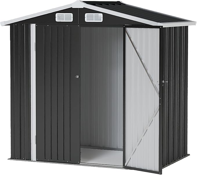 6x4FT Outdoor Storage Shed Black | Metal Garden Tool Shed with Sloping Roof & Lockable Door for Garden, Patio, Backyard