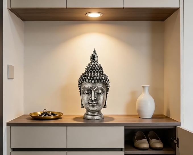 Buddha Head Statue Zen Meditation Decoration, 11 inch Resin Antique Silver Buddha Head Statue for Buddhist Spiritual Altar Decoration Buddhism Gifts