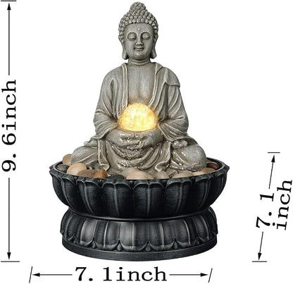 Kalona Tabletop Buddha Waterfall Fountain, Meditating Buddha Zen Fountain with LED Glass Orb, Relaxing Desk Water Feature for Home Office Decor(21127B)