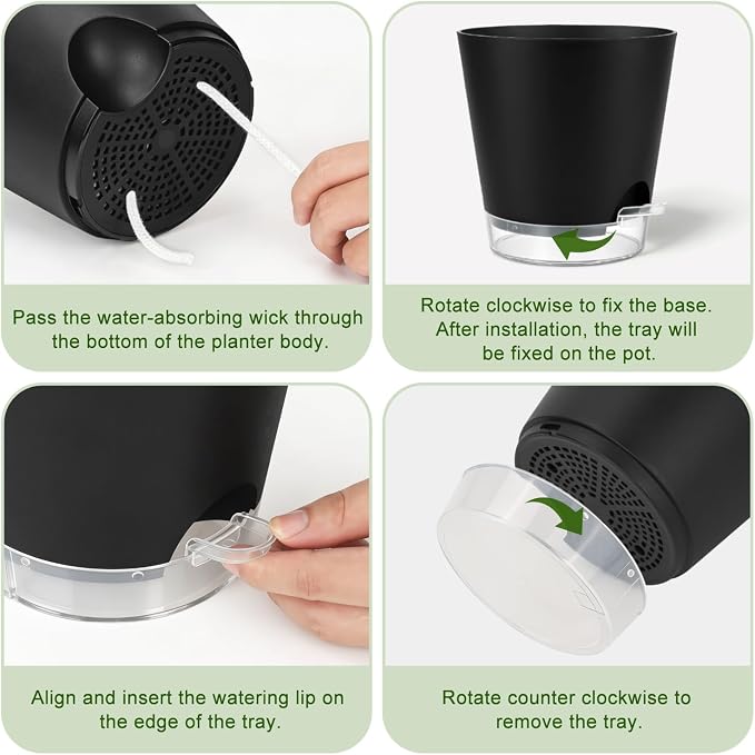 QRRICA 5/5.5/6/6.5/7/8 inch Self Watering Pot Set, Visible Water Level Planter with Transparent Reservoir & Drainage Holes, Plastic Flower Pots with Cotton Rope for Indoor/Outdoor Use (Black)