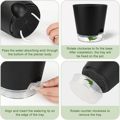 QRRICA 5/5.5/6/6.5/7/8 inch Self Watering Pot Set, Visible Water Level Planter with Transparent Reservoir & Drainage Holes, Plastic Flower Pots with Cotton Rope for Indoor/Outdoor Use (Black)